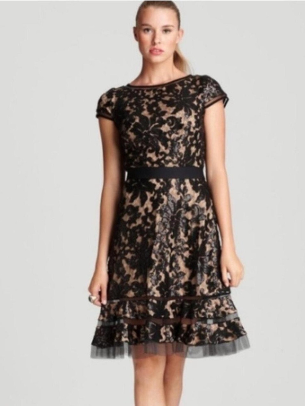Tadashi Shoji Black Lace Overlay Dress with Nude Lining